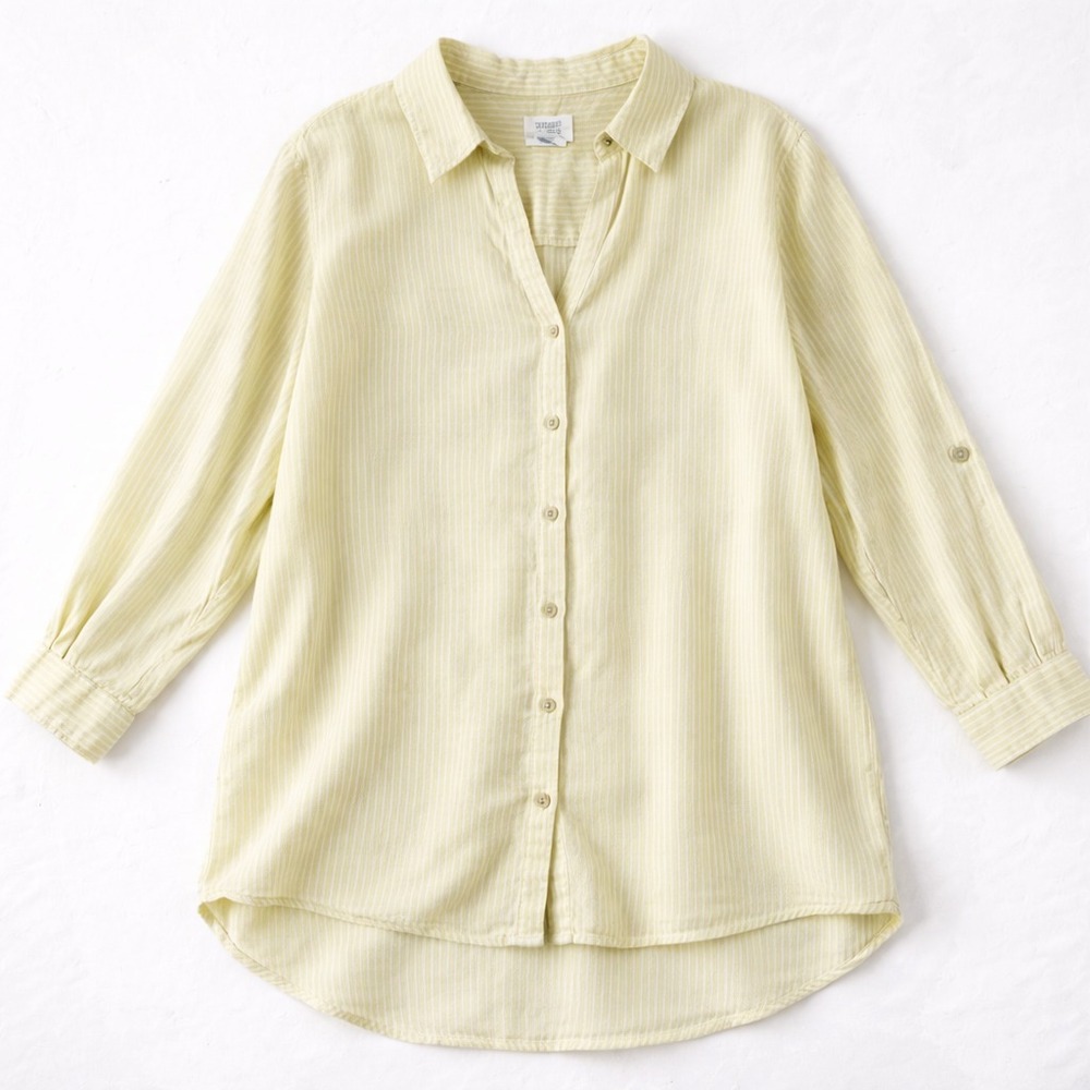 Sigrid Olsen 100% Linen Top Shirt L Yellow Striped Button Front Coastal Pastel